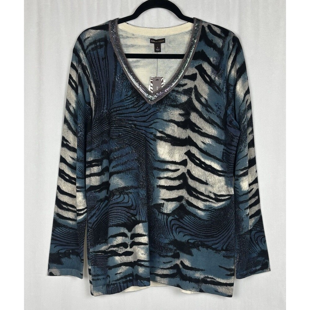 Dana Buchman Women’s Size Large Persian Blue Modern Tribal Print V-Neck Sweater